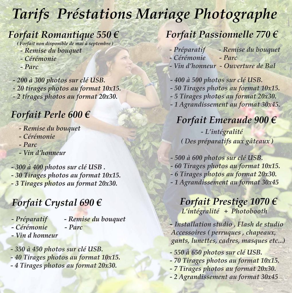 Tarifs photographe mariage
